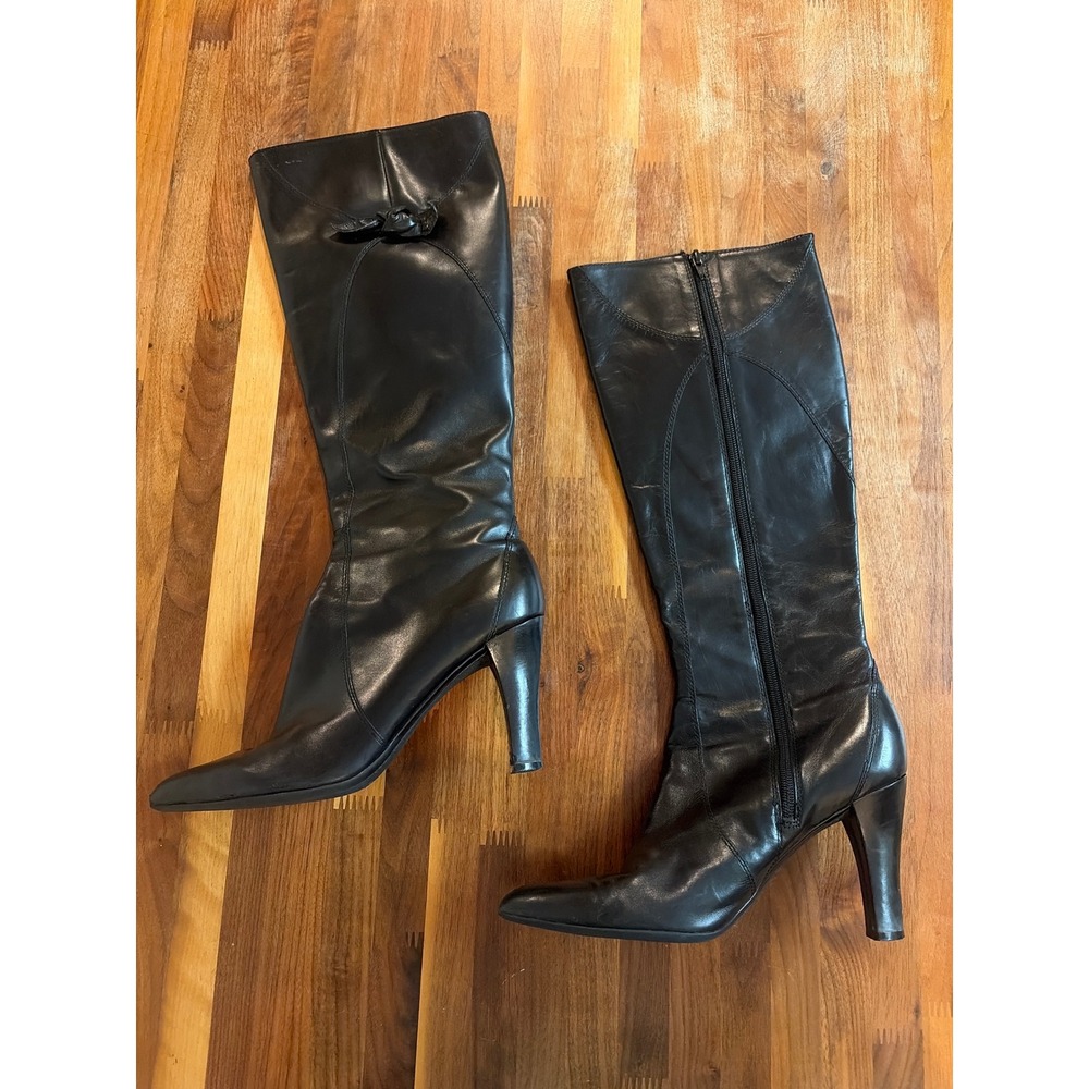 Enzo Angiolini EA Flexo Black Leather Tall Boots Pointed Toe Bow Stiletto 10M